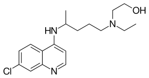 Molekula hydroxychlorochínu podľa Wikipedie