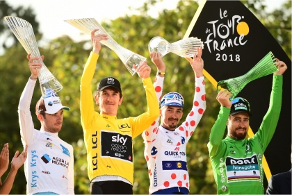 Víťazi TdF 2018: Pierre Latour, Geraint Thomas, Julian Alaphilippe a Peter Sagan